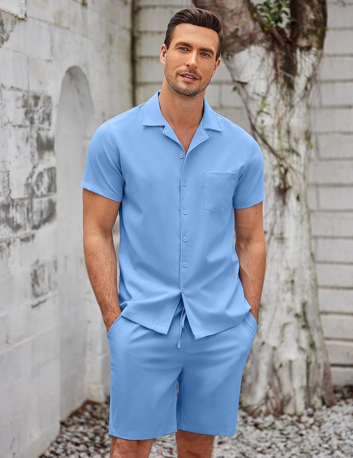 image:imageCOOFANDY Mens 2 Pieces Casual Beach Outfits Short Sleeve Button Down Shirts Summer Short SetStrong Blue