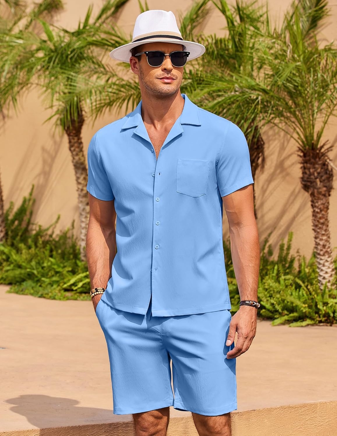 image:imageCOOFANDY Mens 2 Pieces Casual Beach Outfits Short Sleeve Button Down Shirts Summer Short SetStrong Blue