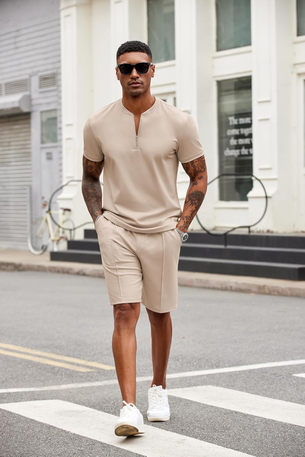 image:imageCOOFANDY Mens 2 Pieces Outfits Casual Quarter Zip Polo T Shirt and Shorts Set Athletic Jogging Summer TracksuitLight Khaki