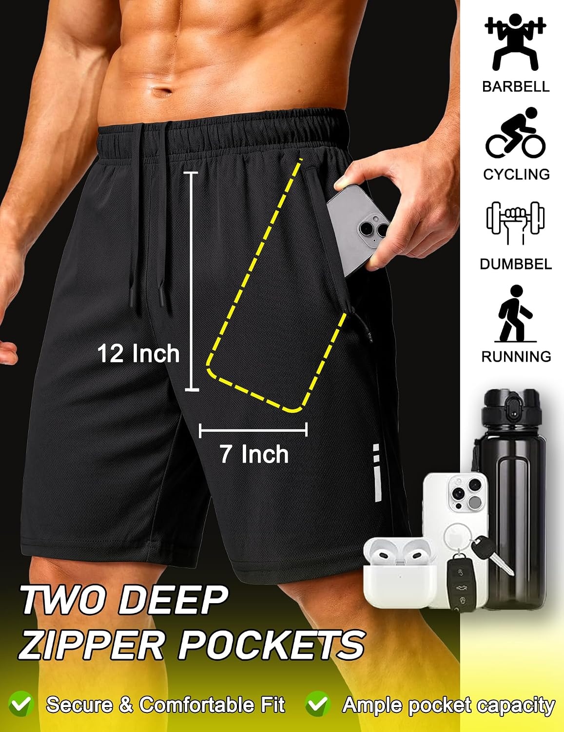image:imageCOOFANDY Mens Athletic Running Shorts 7 9 Lightweight Quick Dry Drawstring Mesh Gym Shorts with Zipper PocketsBlack