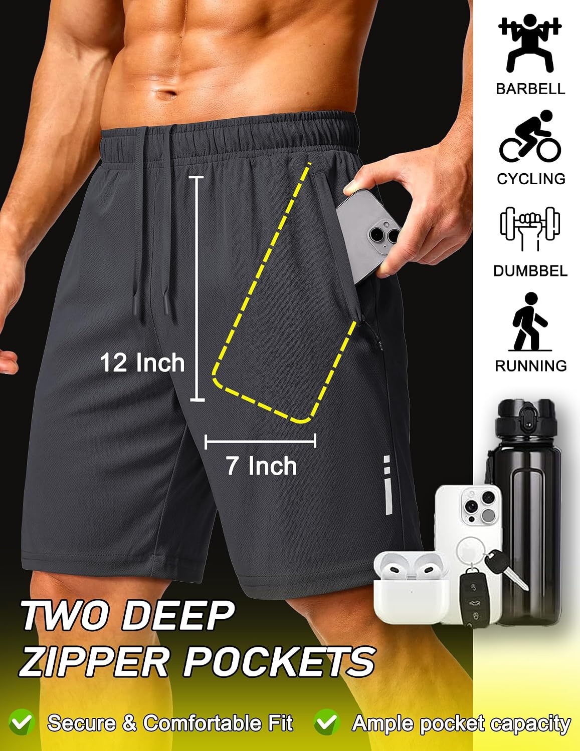image:imageCOOFANDY Mens Athletic Running Shorts 7 9 Lightweight Quick Dry Drawstring Mesh Gym Shorts with Zipper PocketsDark Grey