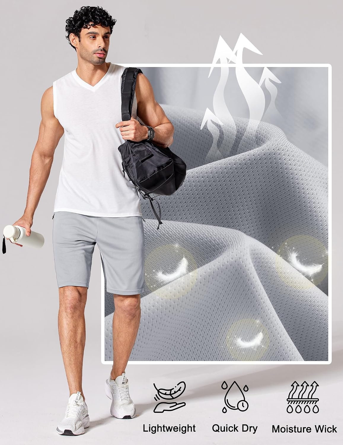 image:imageCOOFANDY Mens Athletic Running Shorts 7 9 Lightweight Quick Dry Drawstring Mesh Gym Shorts with Zipper PocketsLight Grey