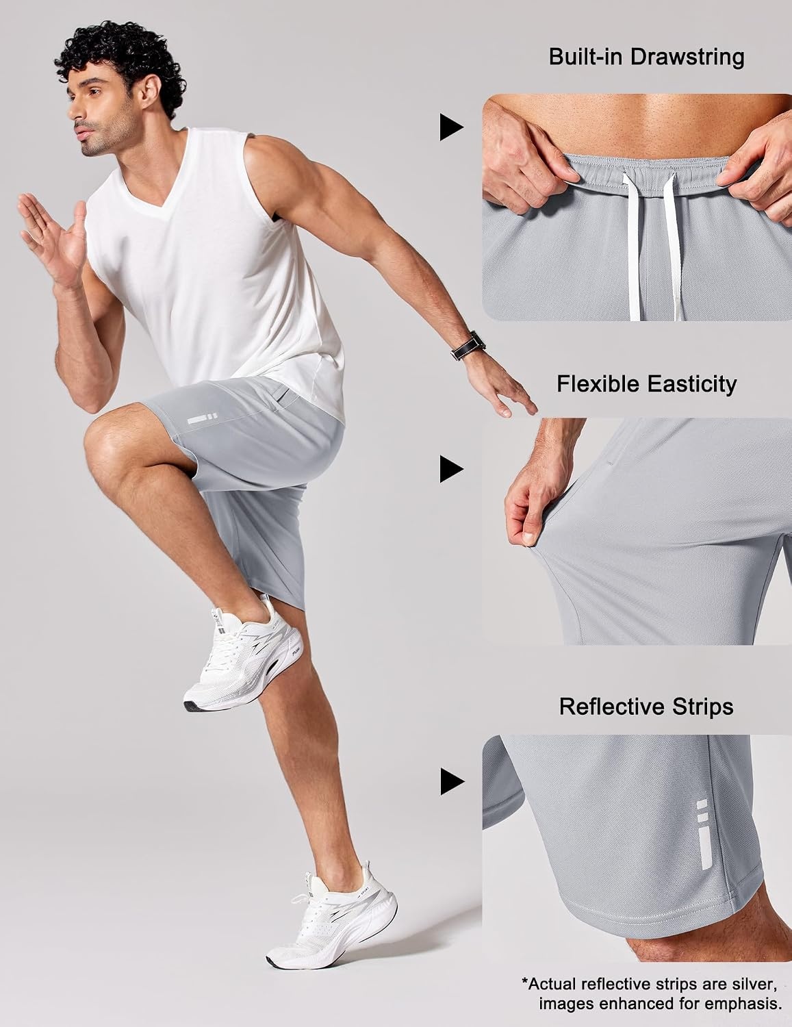 image:imageCOOFANDY Mens Athletic Running Shorts 7 9 Lightweight Quick Dry Drawstring Mesh Gym Shorts with Zipper PocketsLight Grey