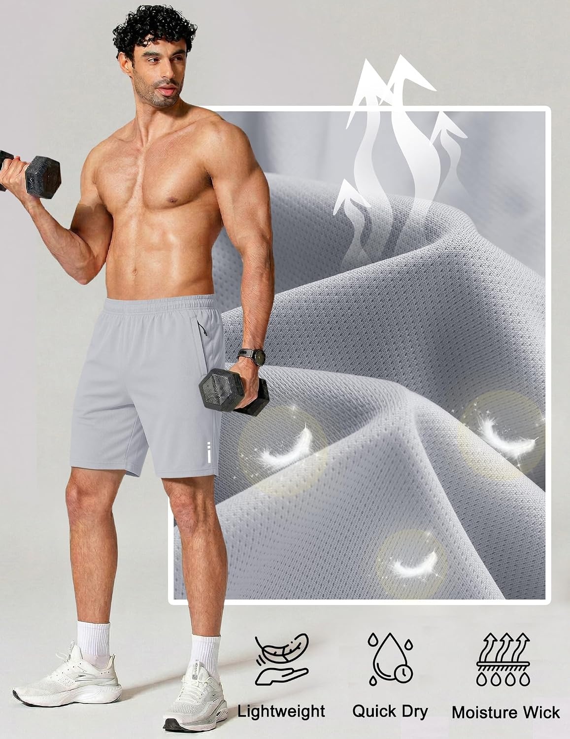 image:imageCOOFANDY Mens Athletic Running Shorts 7 9 Lightweight Quick Dry Drawstring Mesh Gym Shorts with Zipper PocketsLight Grey