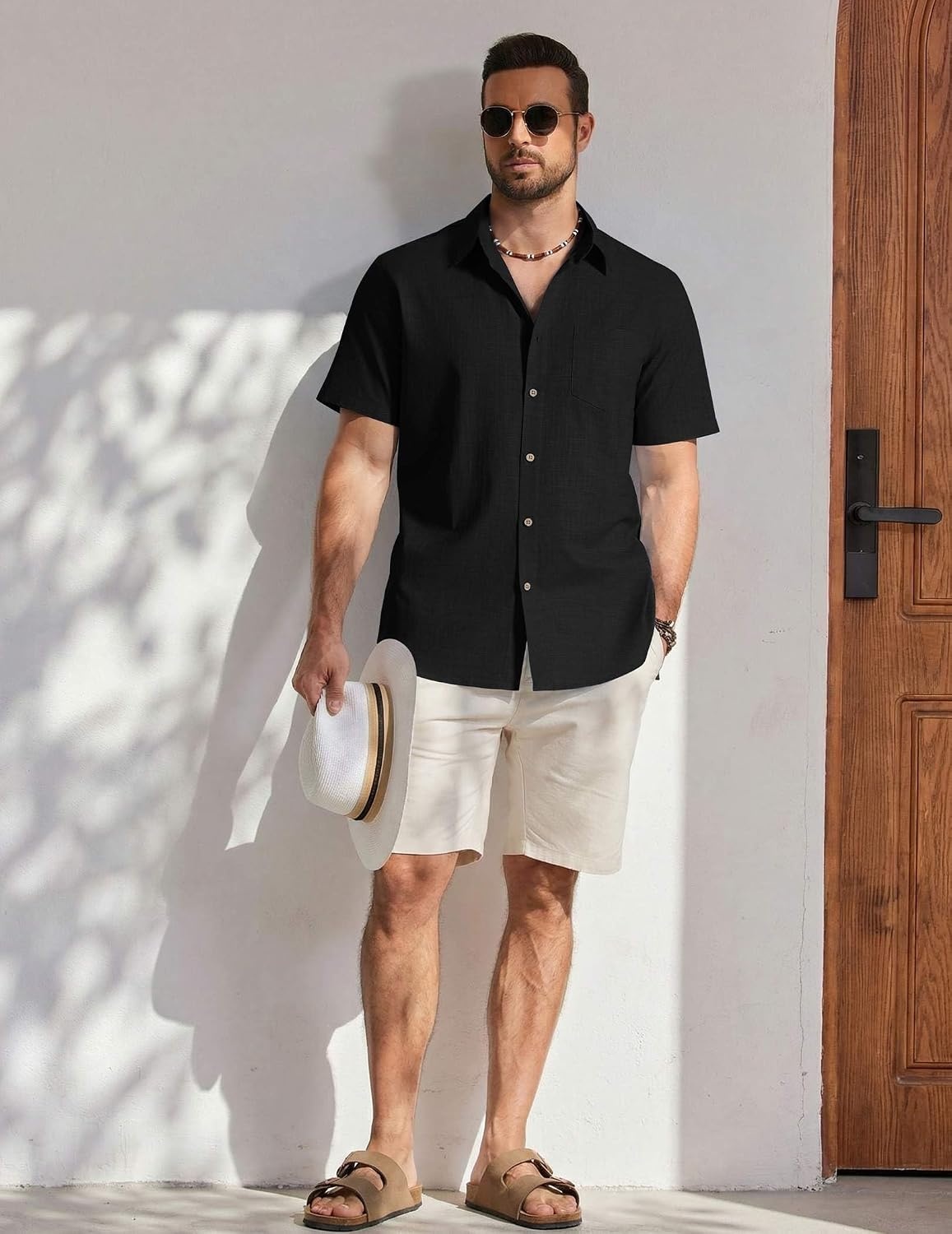 image:imageCOOFANDY Mens Button Down Shirt Short Sleeve Cotton Casual Summer Shirts Beach Vacation Linen Shirts for MenBlack