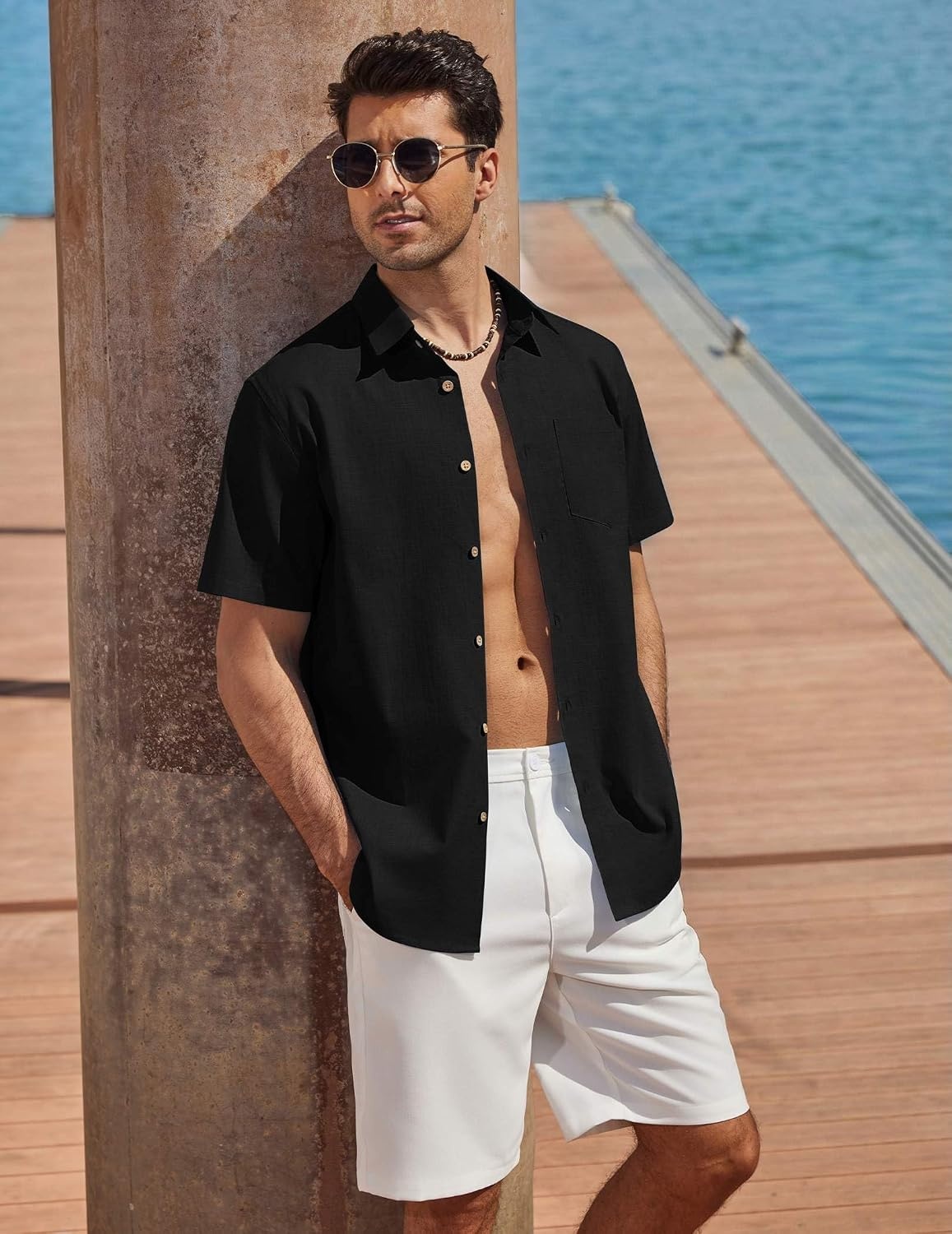 image:imageCOOFANDY Mens Button Down Shirt Short Sleeve Cotton Casual Summer Shirts Beach Vacation Linen Shirts for MenBlack