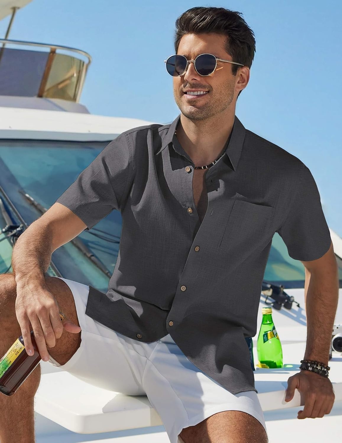 image:imageCOOFANDY Mens Button Down Shirt Short Sleeve Cotton Casual Summer Shirts Beach Vacation Linen Shirts for MenDark Gray
