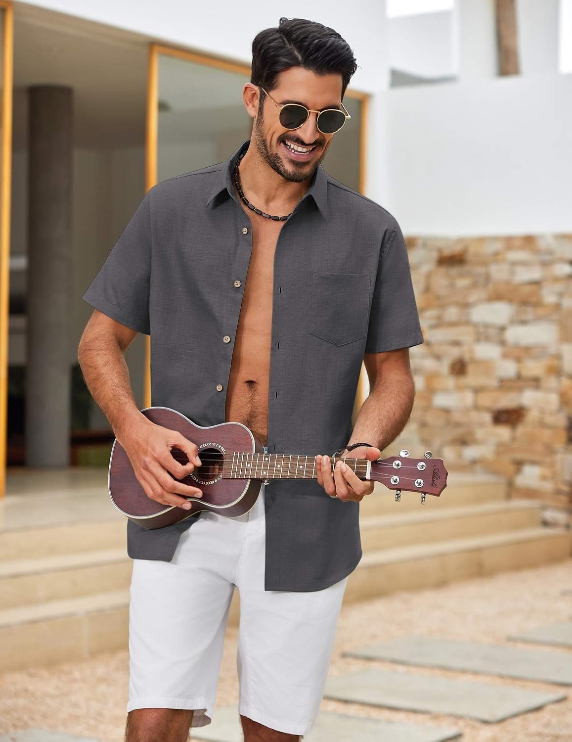 image:imageCOOFANDY Mens Button Down Shirt Short Sleeve Cotton Casual Summer Shirts Beach Vacation Linen Shirts for MenDark Gray