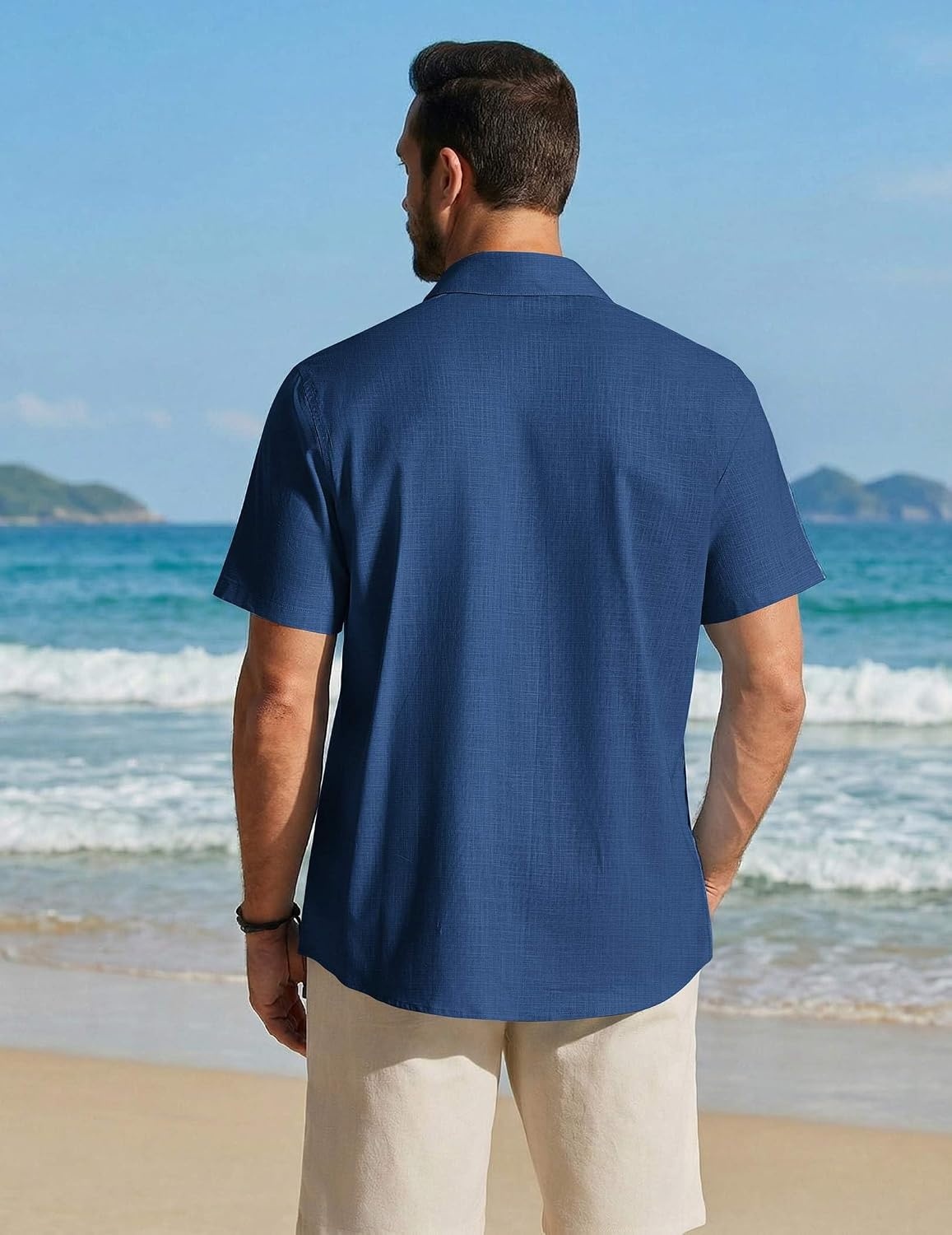 image:imageCOOFANDY Mens Button Down Shirt Short Sleeve Cotton Casual Summer Shirts Beach Vacation Linen Shirts for MenDenim Blue