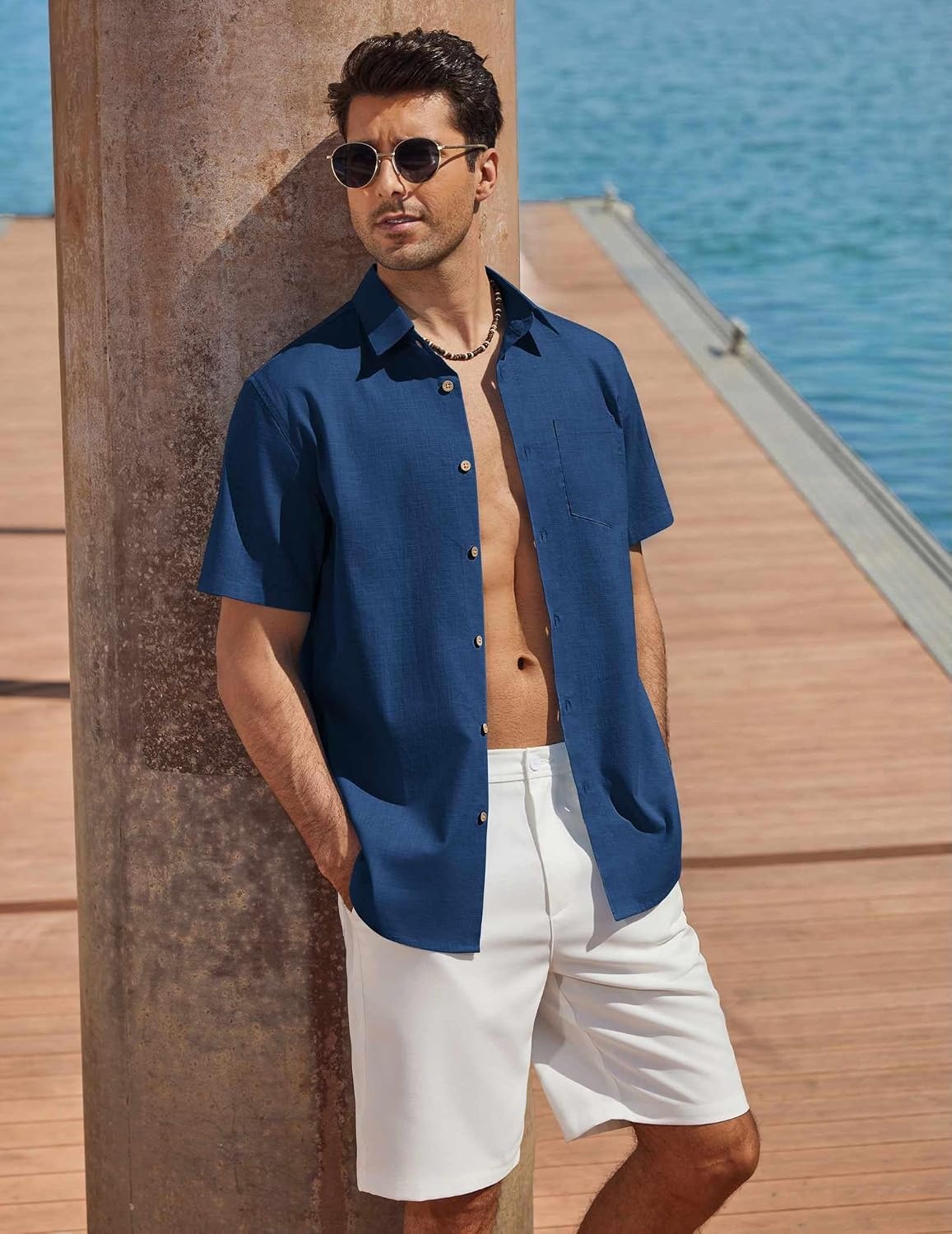 image:imageCOOFANDY Mens Button Down Shirt Short Sleeve Cotton Casual Summer Shirts Beach Vacation Linen Shirts for MenDenim Blue