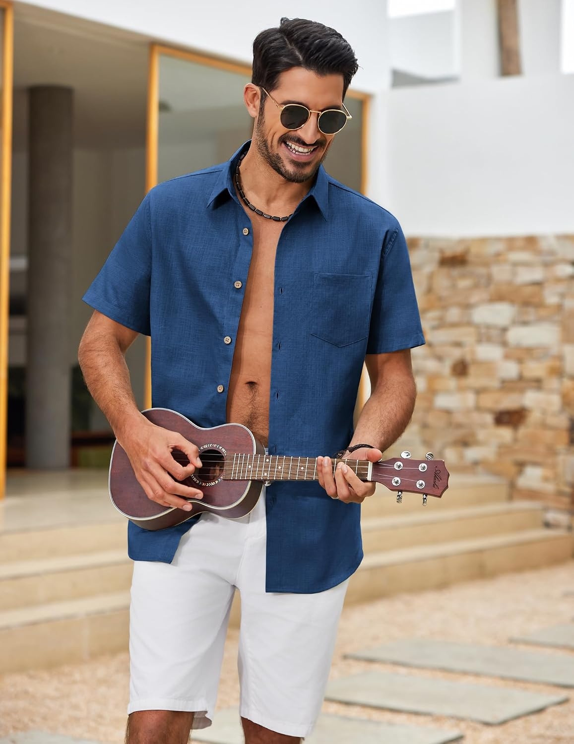 image:imageCOOFANDY Mens Button Down Shirt Short Sleeve Cotton Casual Summer Shirts Beach Vacation Linen Shirts for MenDenim Blue