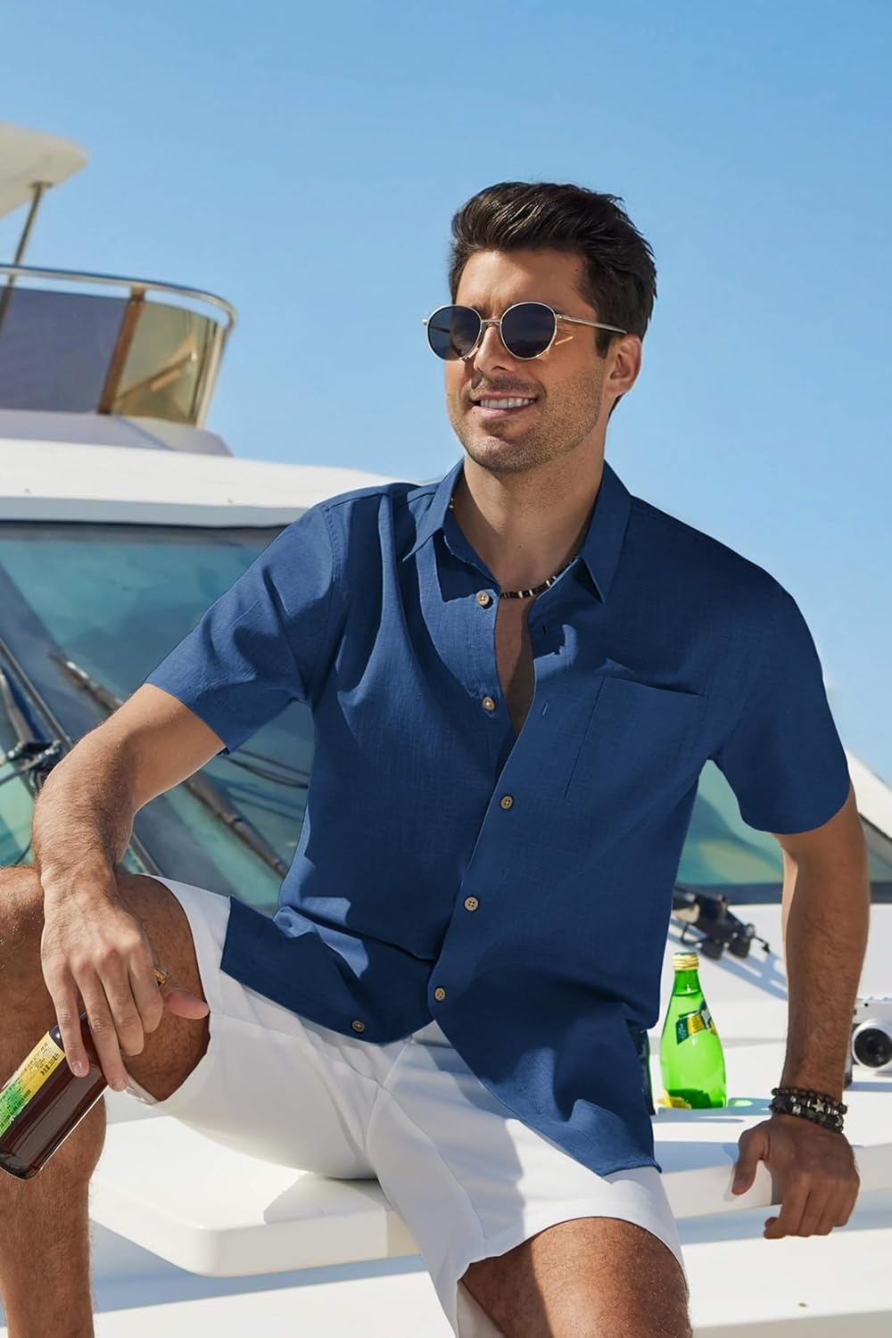 image:imageCOOFANDY Mens Button Down Shirt Short Sleeve Cotton Casual Summer Shirts Beach Vacation Linen Shirts for MenDenim Blue