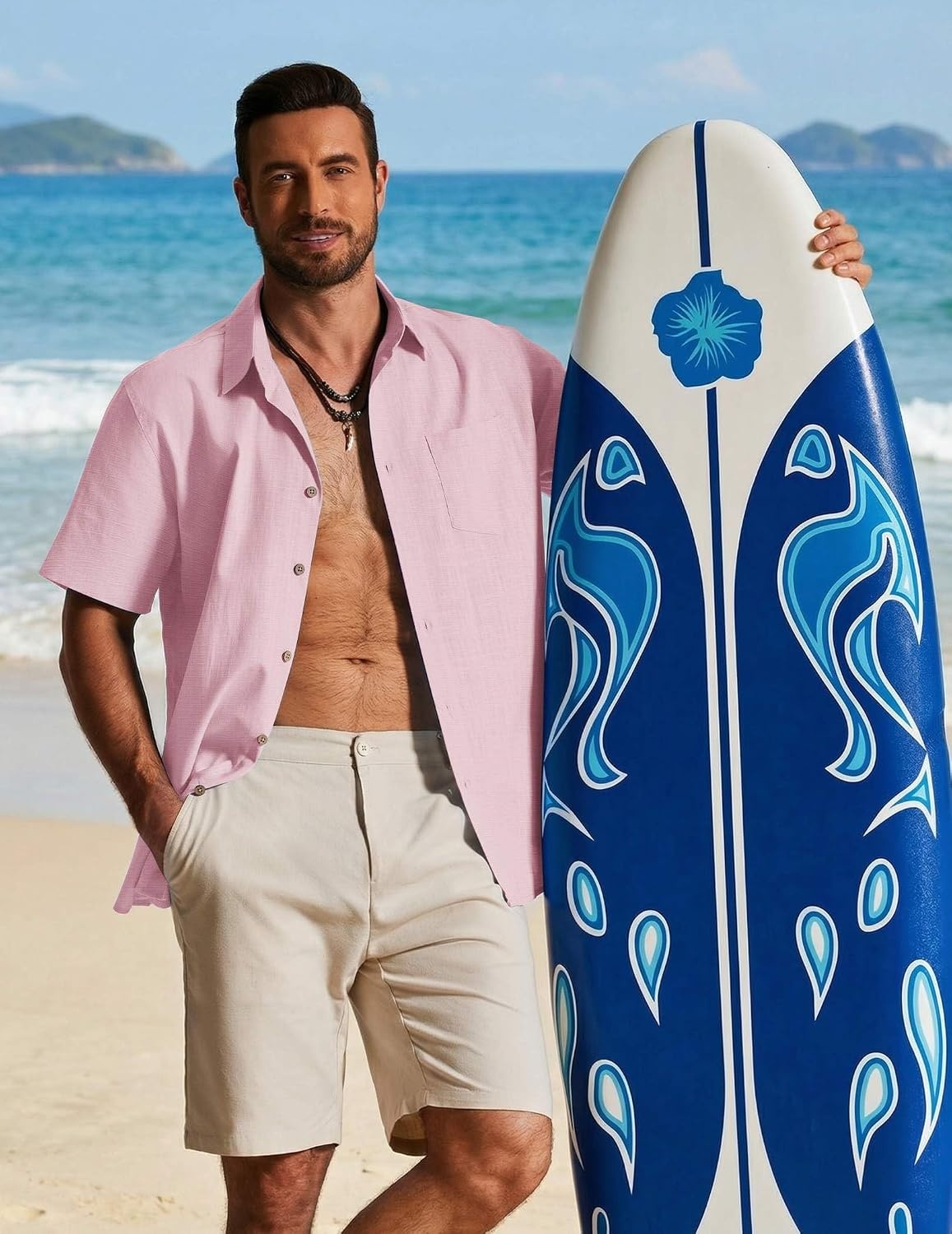 image:imageCOOFANDY Mens Button Down Shirt Short Sleeve Cotton Casual Summer Shirts Beach Vacation Linen Shirts for MenIcy Pink