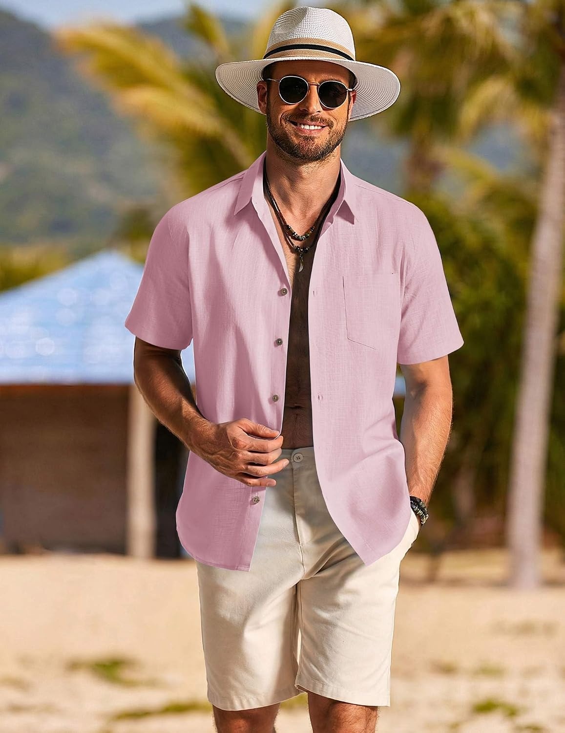 image:imageCOOFANDY Mens Button Down Shirt Short Sleeve Cotton Casual Summer Shirts Beach Vacation Linen Shirts for MenIcy Pink