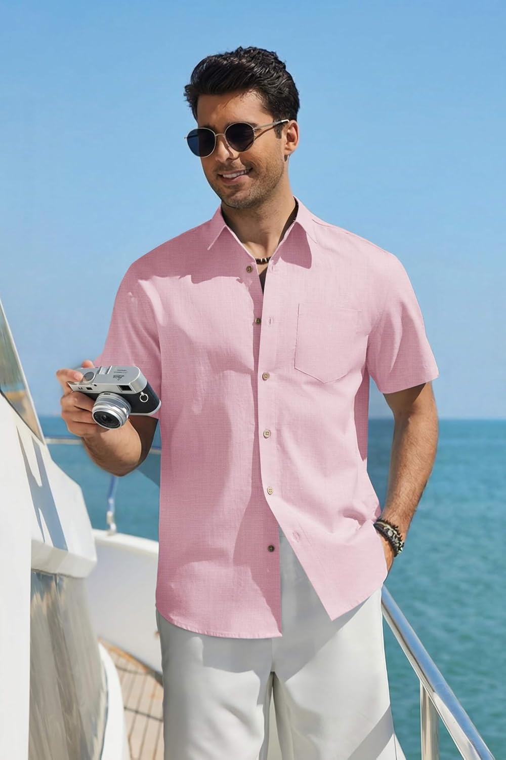 image:imageCOOFANDY Mens Button Down Shirt Short Sleeve Cotton Casual Summer Shirts Beach Vacation Linen Shirts for MenIcy Pink