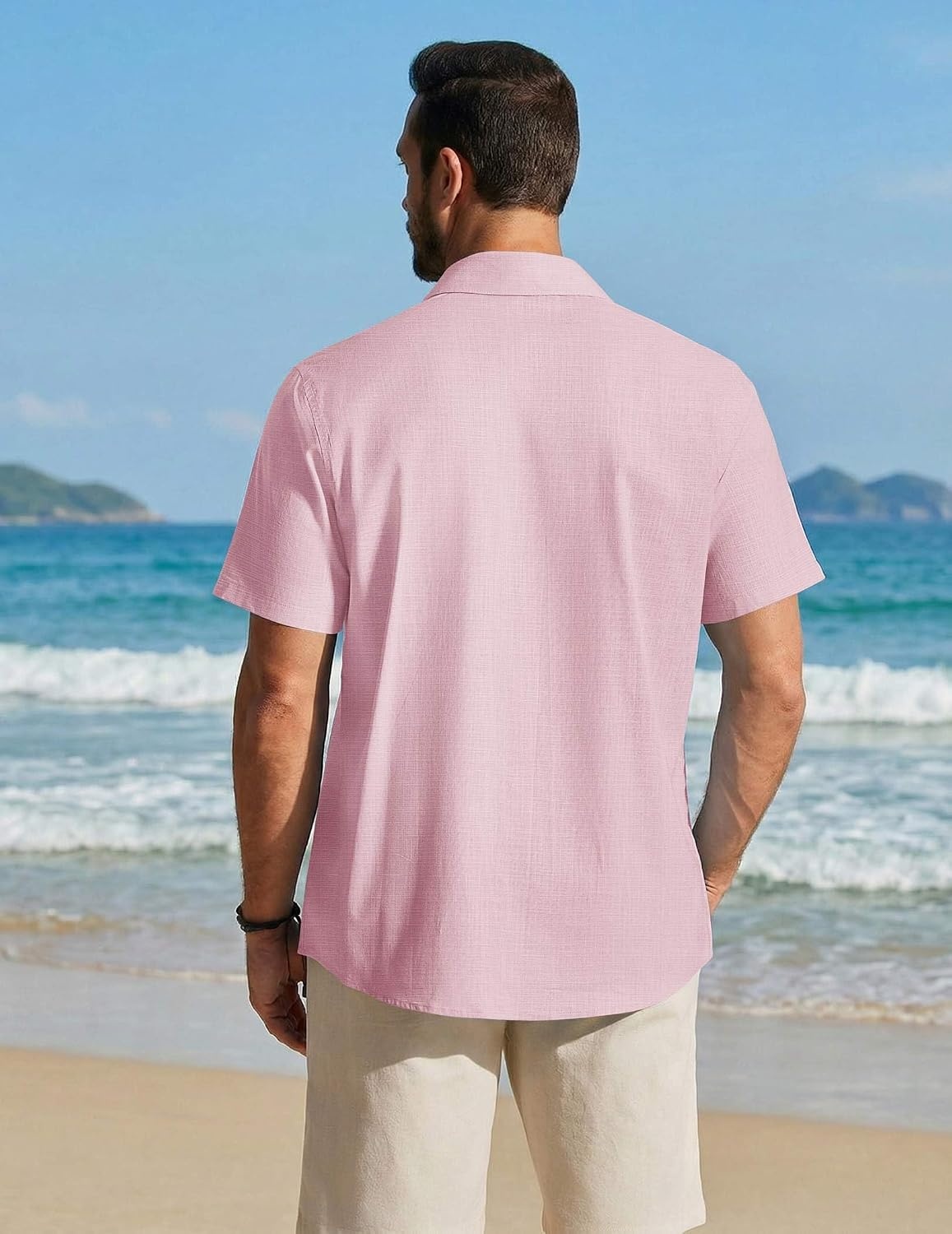 image:imageCOOFANDY Mens Button Down Shirt Short Sleeve Cotton Casual Summer Shirts Beach Vacation Linen Shirts for MenIcy Pink