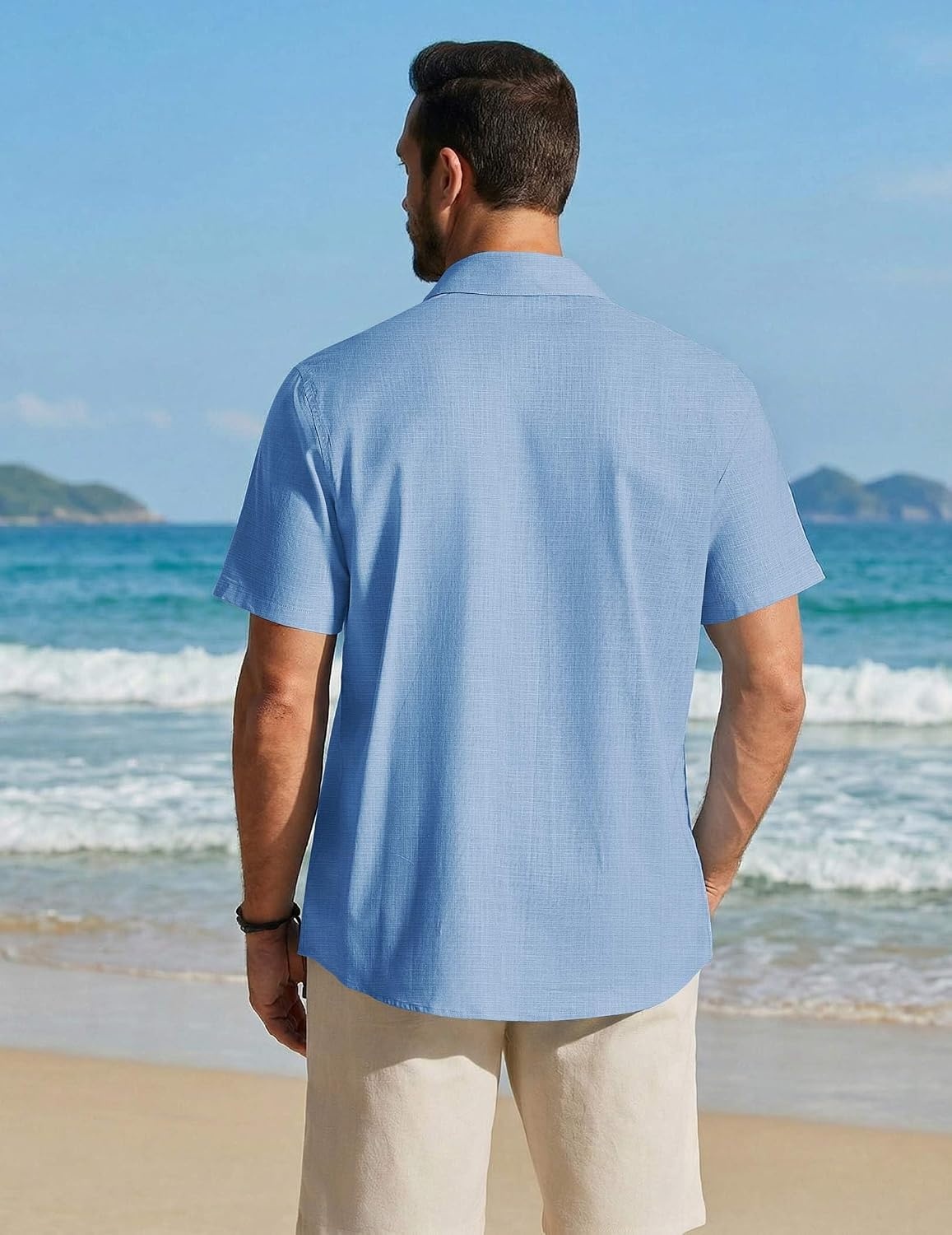 image:imageCOOFANDY Mens Button Down Shirt Short Sleeve Cotton Casual Summer Shirts Beach Vacation Linen Shirts for MenLight Blue