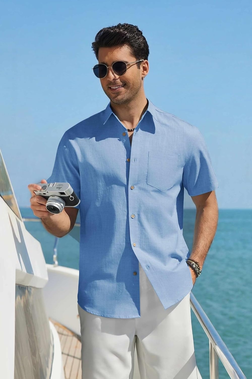 image:imageCOOFANDY Mens Button Down Shirt Short Sleeve Cotton Casual Summer Shirts Beach Vacation Linen Shirts for MenLight Blue