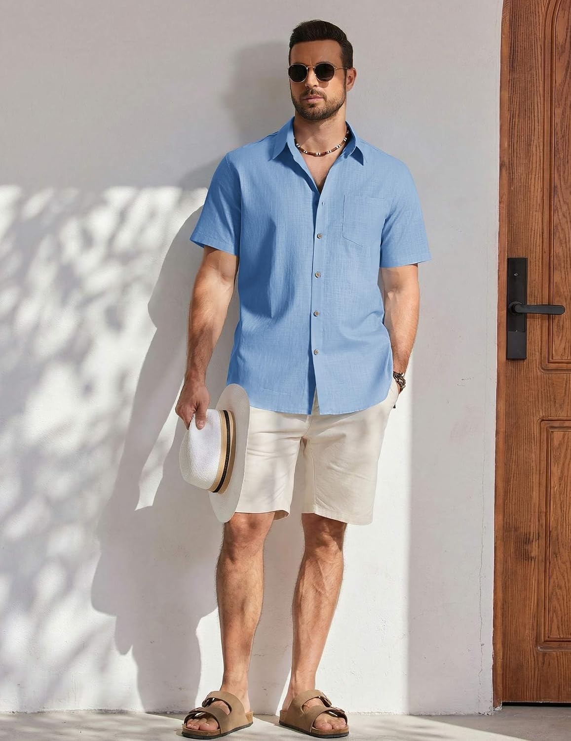 image:imageCOOFANDY Mens Button Down Shirt Short Sleeve Cotton Casual Summer Shirts Beach Vacation Linen Shirts for MenLight Blue