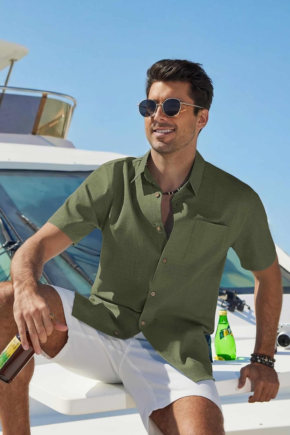 image:imageCOOFANDY Mens Button Down Shirt Short Sleeve Cotton Casual Summer Shirts Beach Vacation Linen Shirts for MenOlive Green