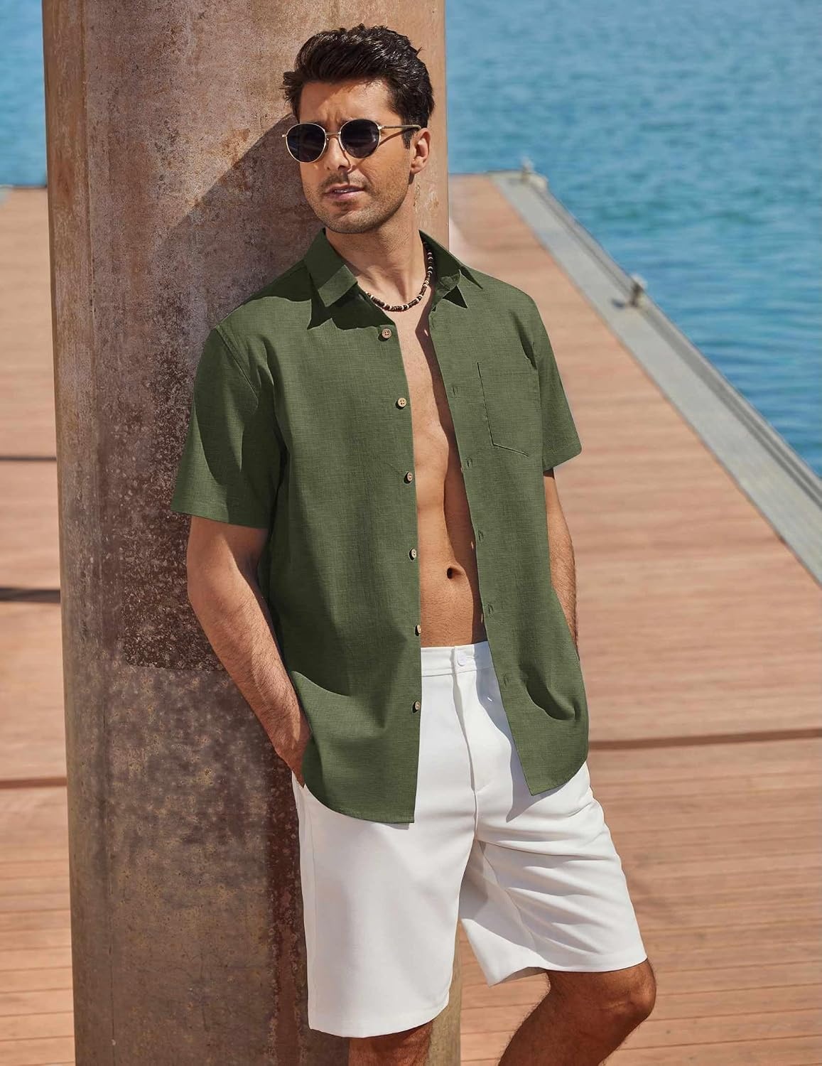 image:imageCOOFANDY Mens Button Down Shirt Short Sleeve Cotton Casual Summer Shirts Beach Vacation Linen Shirts for MenOlive Green