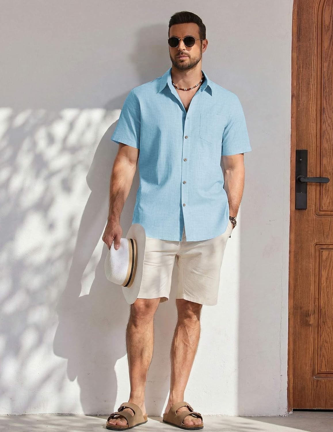 image:imageCOOFANDY Mens Button Down Shirt Short Sleeve Cotton Casual Summer Shirts Beach Vacation Linen Shirts for MenSky Blue