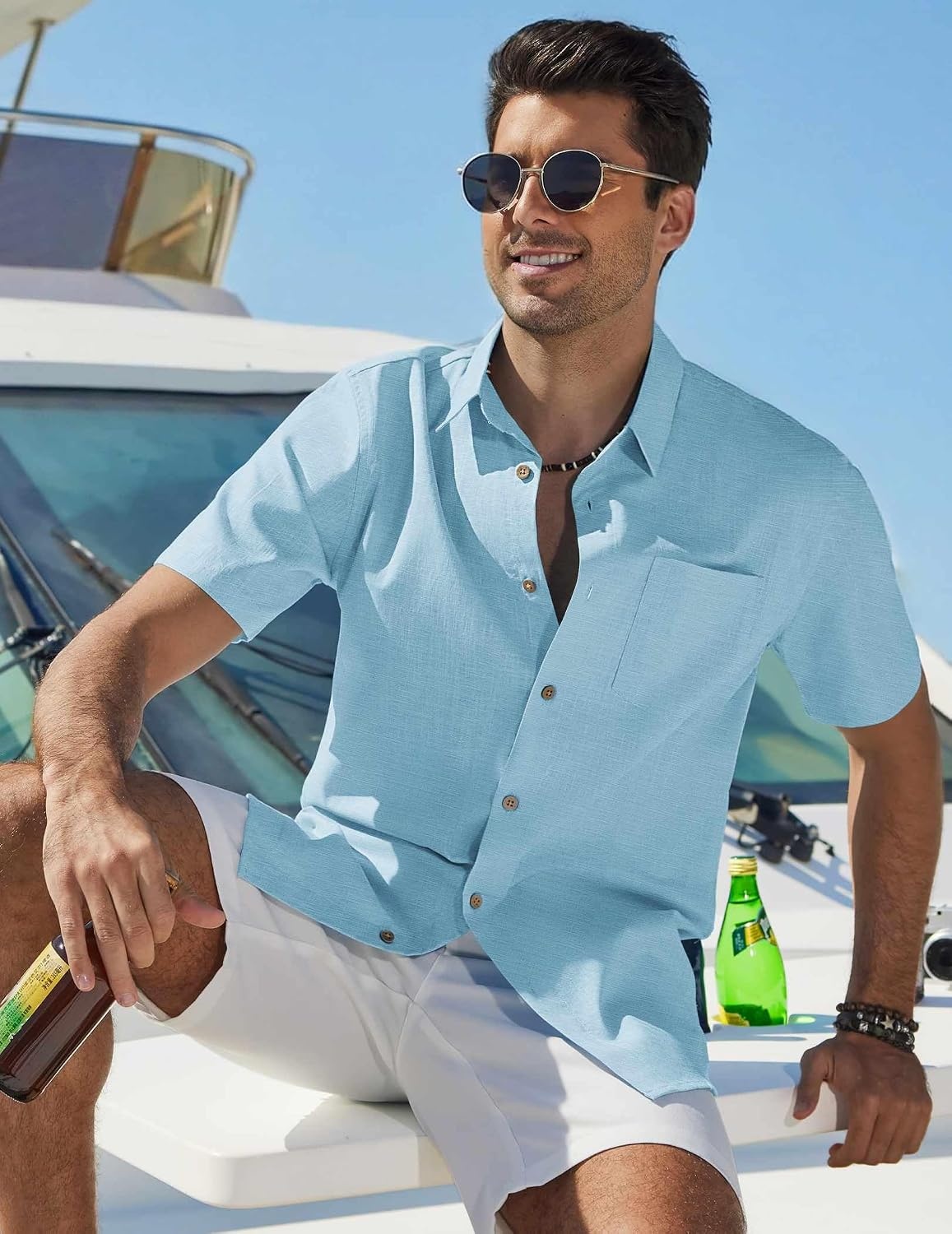 image:imageCOOFANDY Mens Button Down Shirt Short Sleeve Cotton Casual Summer Shirts Beach Vacation Linen Shirts for MenSky Blue