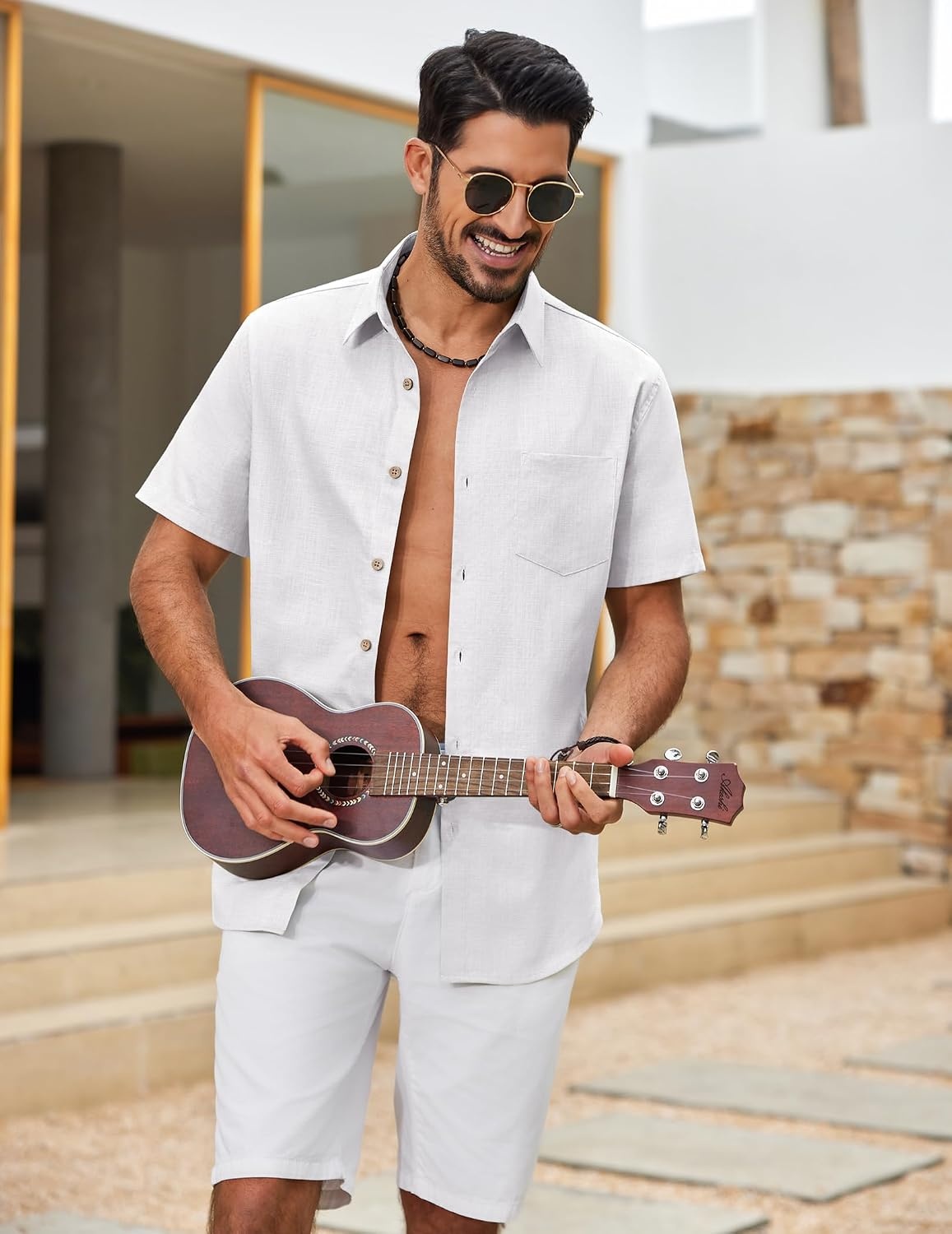 image:imageCOOFANDY Mens Button Down Shirt Short Sleeve Cotton Casual Summer Shirts Beach Vacation Linen Shirts for MenWhite