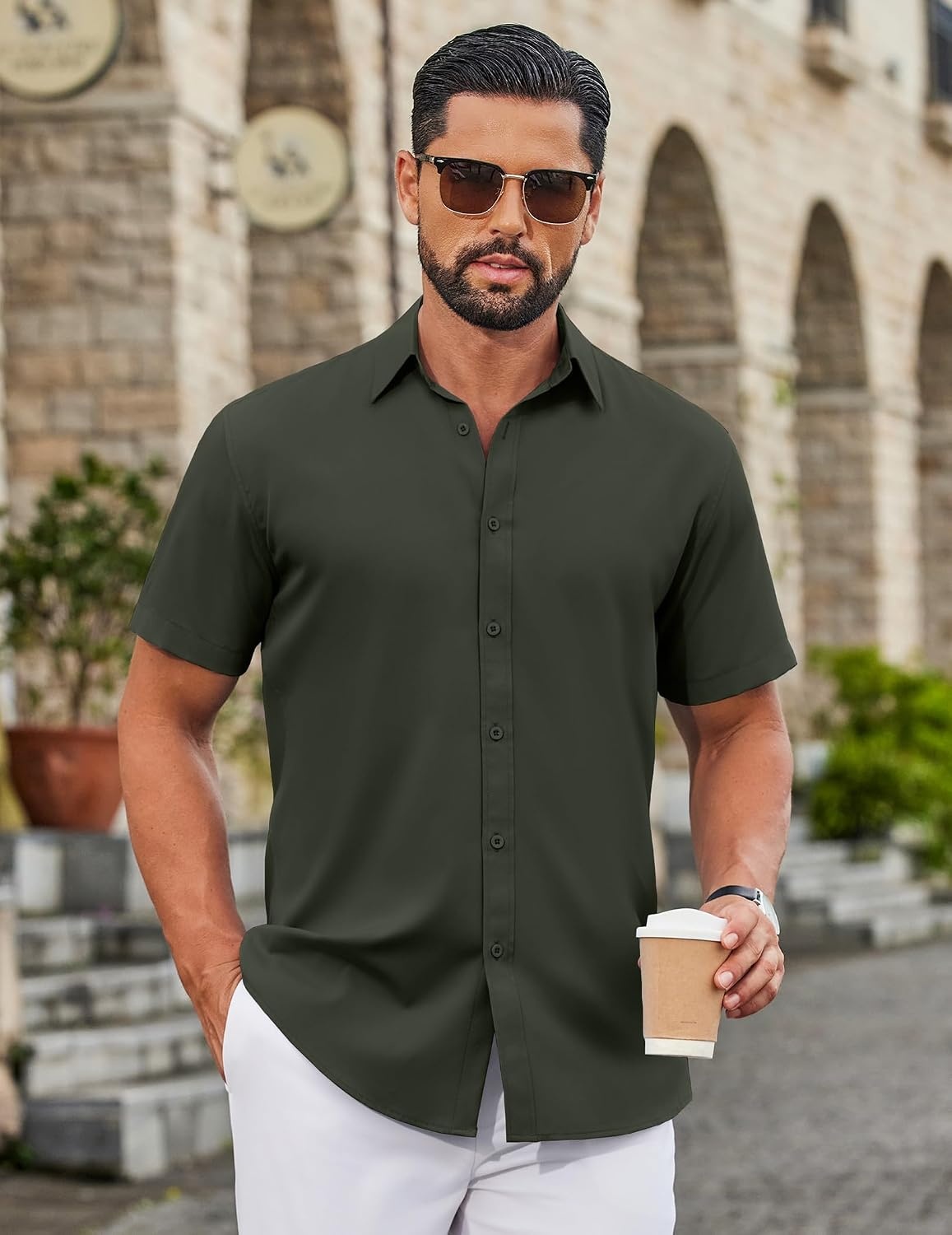 image:imageCOOFANDY Mens Button Down Shirts Short Sleeve Untucked Dress Shirt Wrinkle Free Stretch Casual Summer ShirtsArmy Green