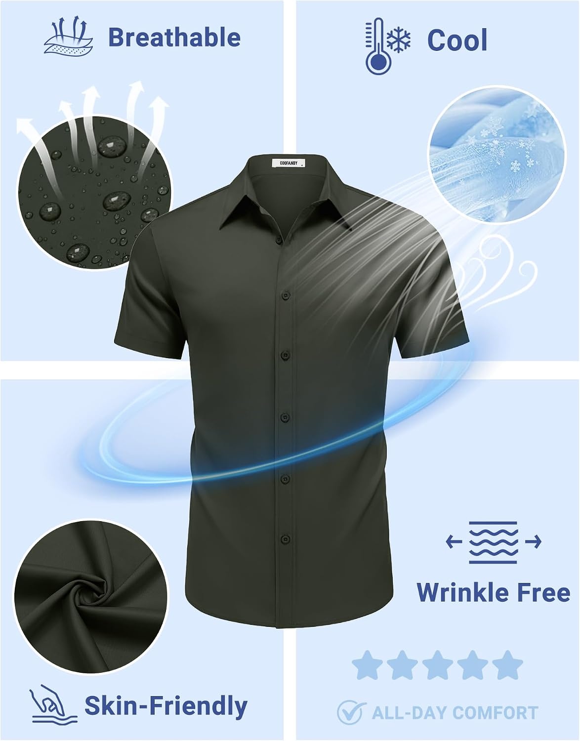image:imageCOOFANDY Mens Button Down Shirts Short Sleeve Untucked Dress Shirt Wrinkle Free Stretch Casual Summer ShirtsArmy Green