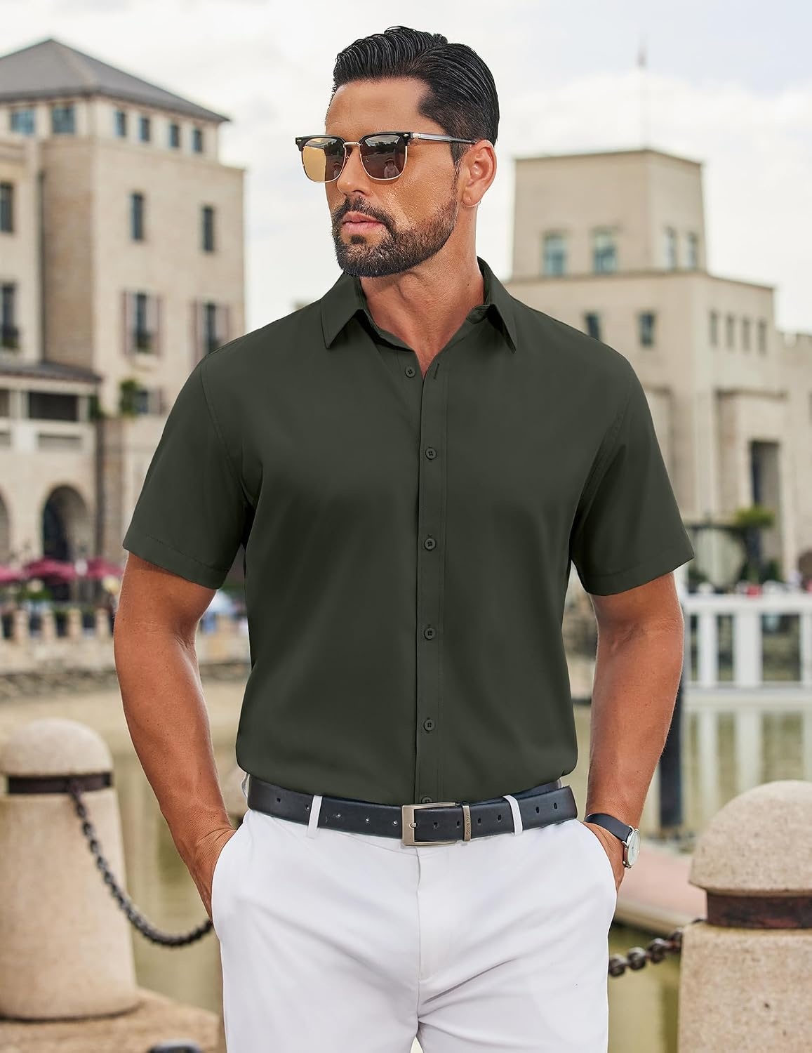 image:imageCOOFANDY Mens Button Down Shirts Short Sleeve Untucked Dress Shirt Wrinkle Free Stretch Casual Summer ShirtsArmy Green