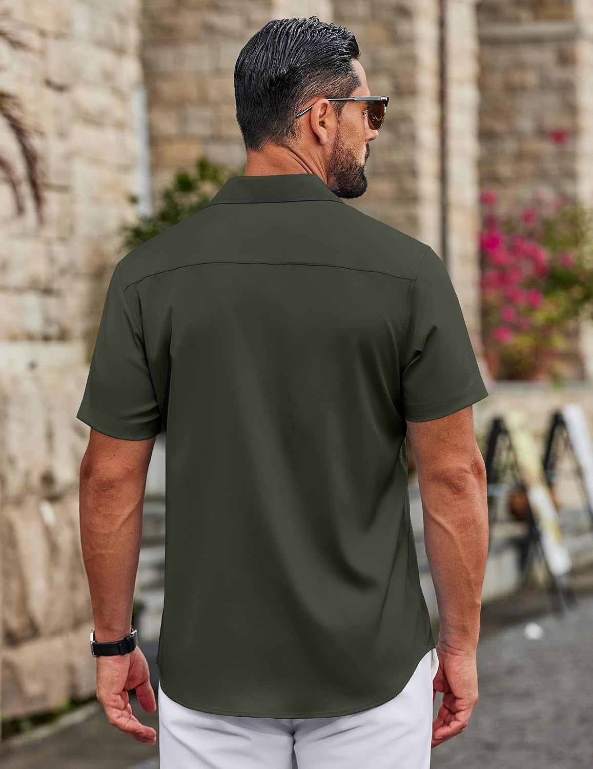 image:imageCOOFANDY Mens Button Down Shirts Short Sleeve Untucked Dress Shirt Wrinkle Free Stretch Casual Summer ShirtsArmy Green