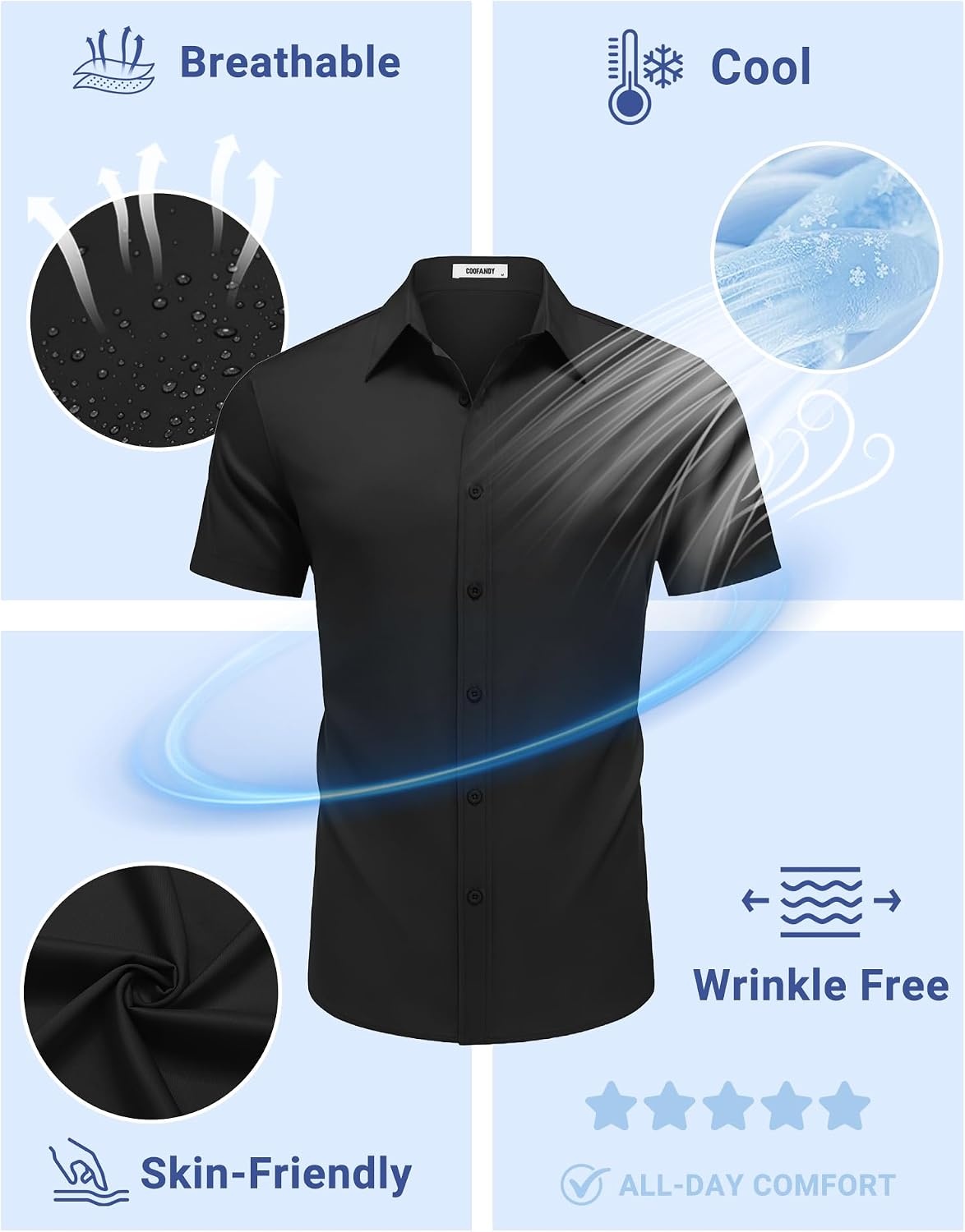 image:imageCOOFANDY Mens Button Down Shirts Short Sleeve Untucked Dress Shirt Wrinkle Free Stretch Casual Summer ShirtsBlack