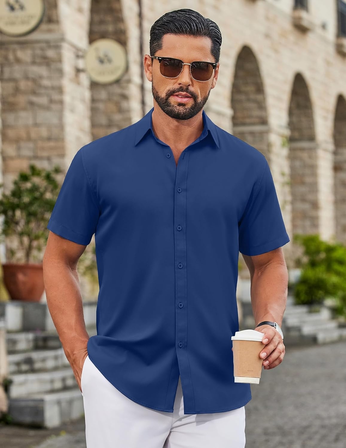 image:imageCOOFANDY Mens Button Down Shirts Short Sleeve Untucked Dress Shirt Wrinkle Free Stretch Casual Summer ShirtsBlue