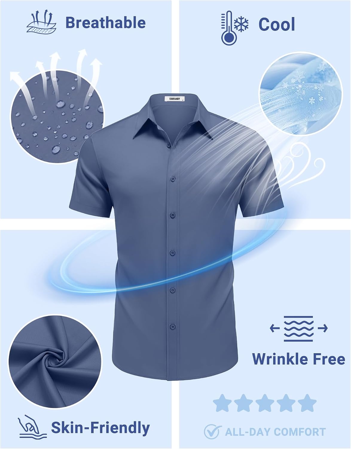 image:imageCOOFANDY Mens Button Down Shirts Short Sleeve Untucked Dress Shirt Wrinkle Free Stretch Casual Summer ShirtsCaptain Blue