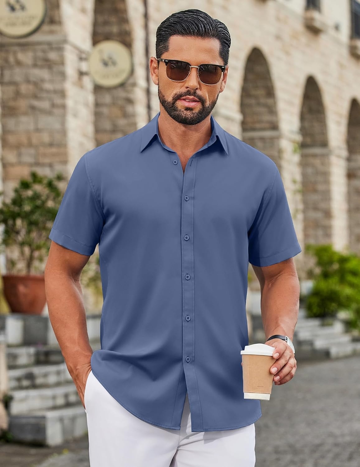 image:imageCOOFANDY Mens Button Down Shirts Short Sleeve Untucked Dress Shirt Wrinkle Free Stretch Casual Summer ShirtsCaptain Blue