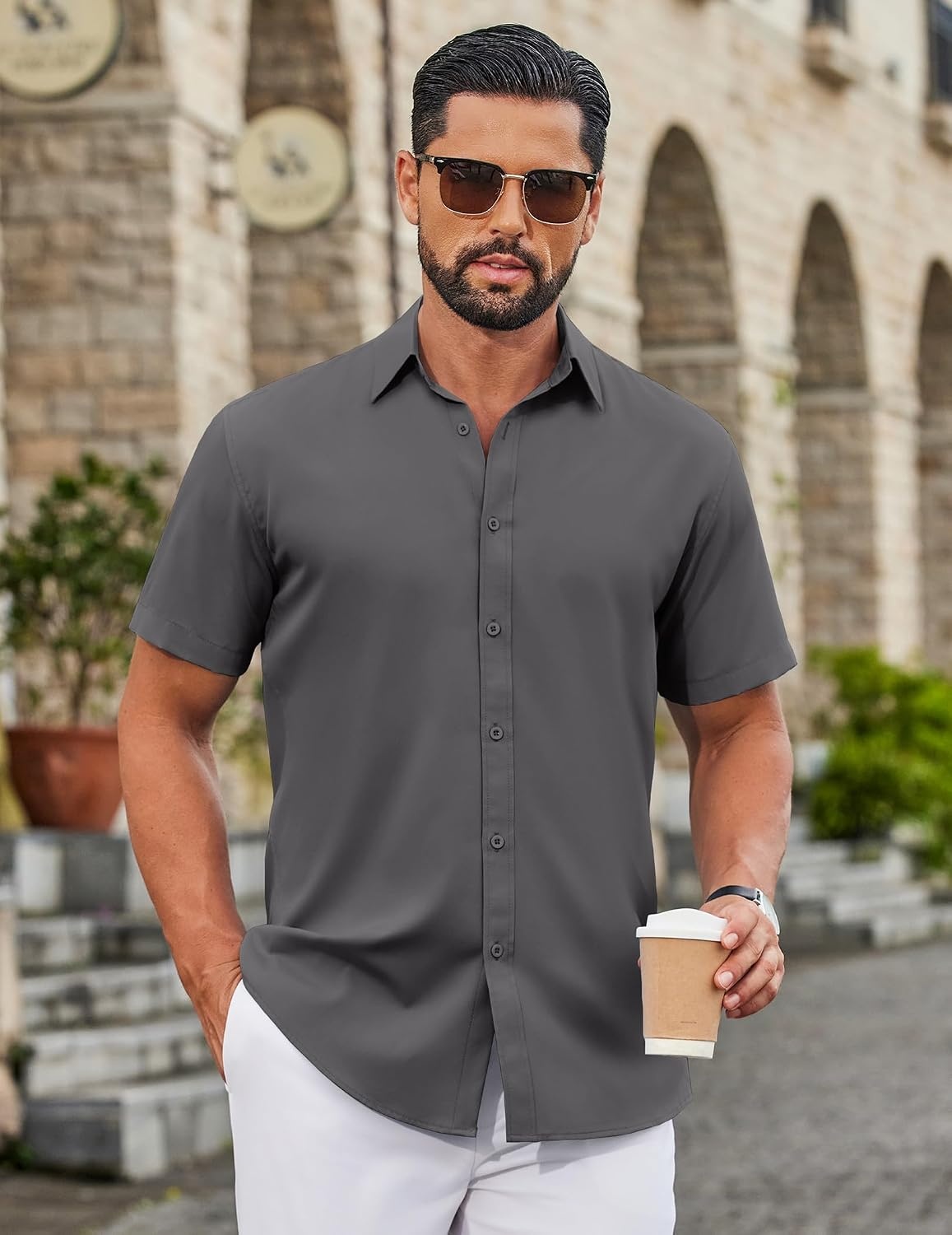image:imageCOOFANDY Mens Button Down Shirts Short Sleeve Untucked Dress Shirt Wrinkle Free Stretch Casual Summer ShirtsDark Gray