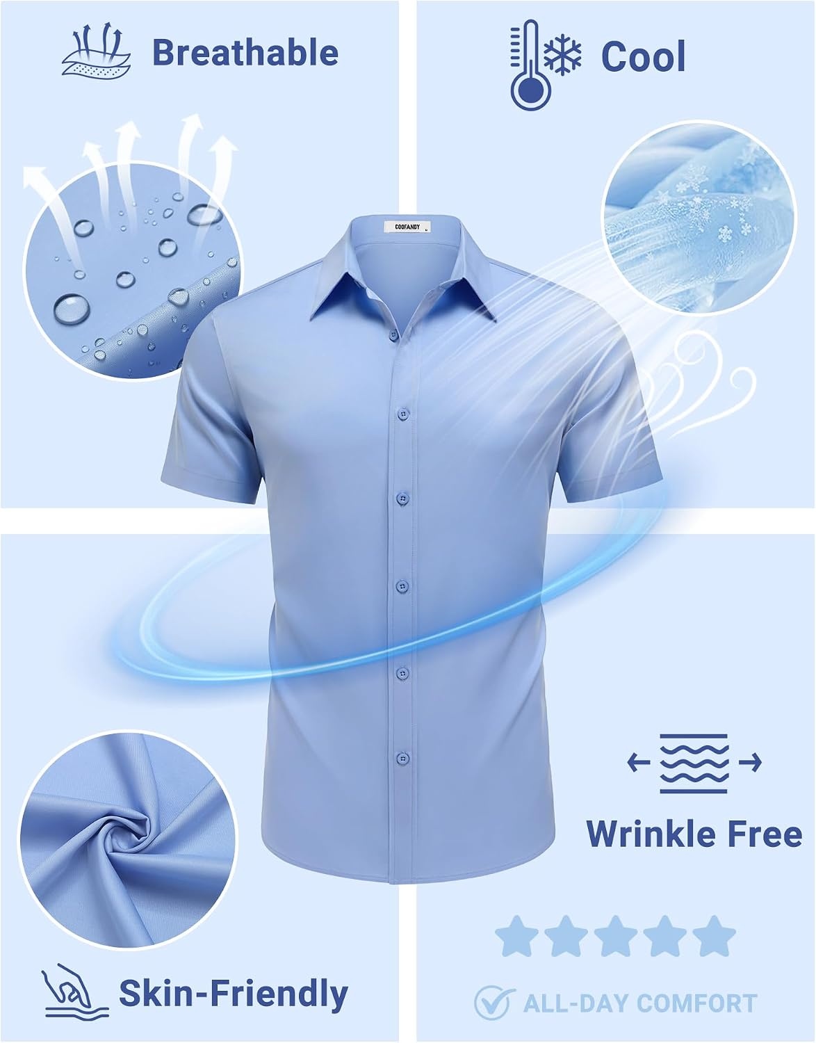 image:imageCOOFANDY Mens Button Down Shirts Short Sleeve Untucked Dress Shirt Wrinkle Free Stretch Casual Summer ShirtsLight Blue