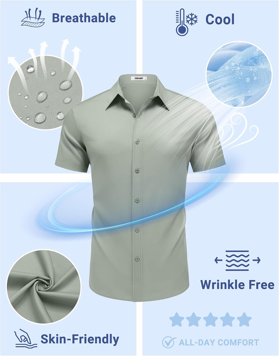 image:imageCOOFANDY Mens Button Down Shirts Short Sleeve Untucked Dress Shirt Wrinkle Free Stretch Casual Summer ShirtsLight Green
