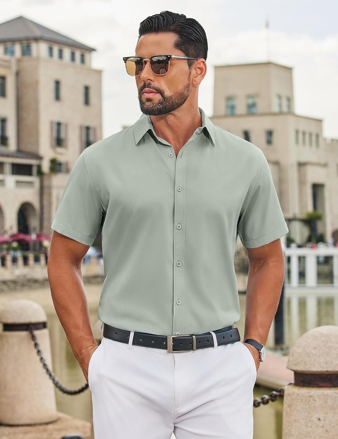 image:imageCOOFANDY Mens Button Down Shirts Short Sleeve Untucked Dress Shirt Wrinkle Free Stretch Casual Summer ShirtsLight Green