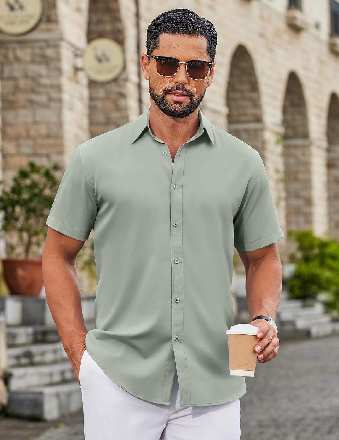 image:imageCOOFANDY Mens Button Down Shirts Short Sleeve Untucked Dress Shirt Wrinkle Free Stretch Casual Summer ShirtsLight Green