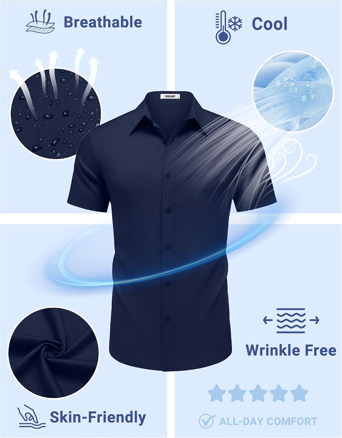 image:imageCOOFANDY Mens Button Down Shirts Short Sleeve Untucked Dress Shirt Wrinkle Free Stretch Casual Summer ShirtsNavy Blue