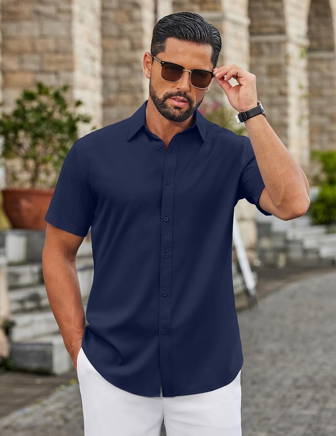 image:imageCOOFANDY Mens Button Down Shirts Short Sleeve Untucked Dress Shirt Wrinkle Free Stretch Casual Summer ShirtsNavy Blue