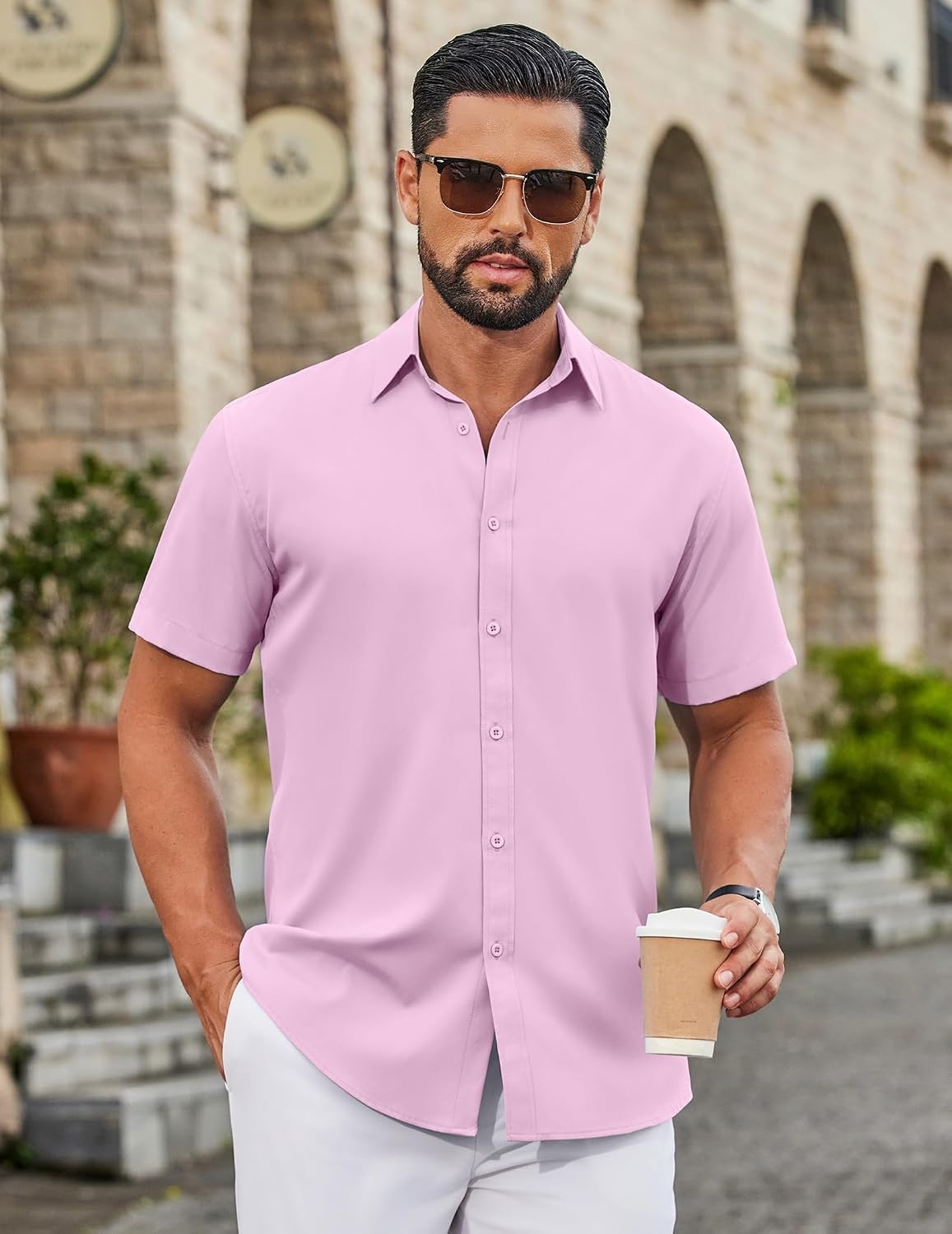 image:imageCOOFANDY Mens Button Down Shirts Short Sleeve Untucked Dress Shirt Wrinkle Free Stretch Casual Summer ShirtsPink