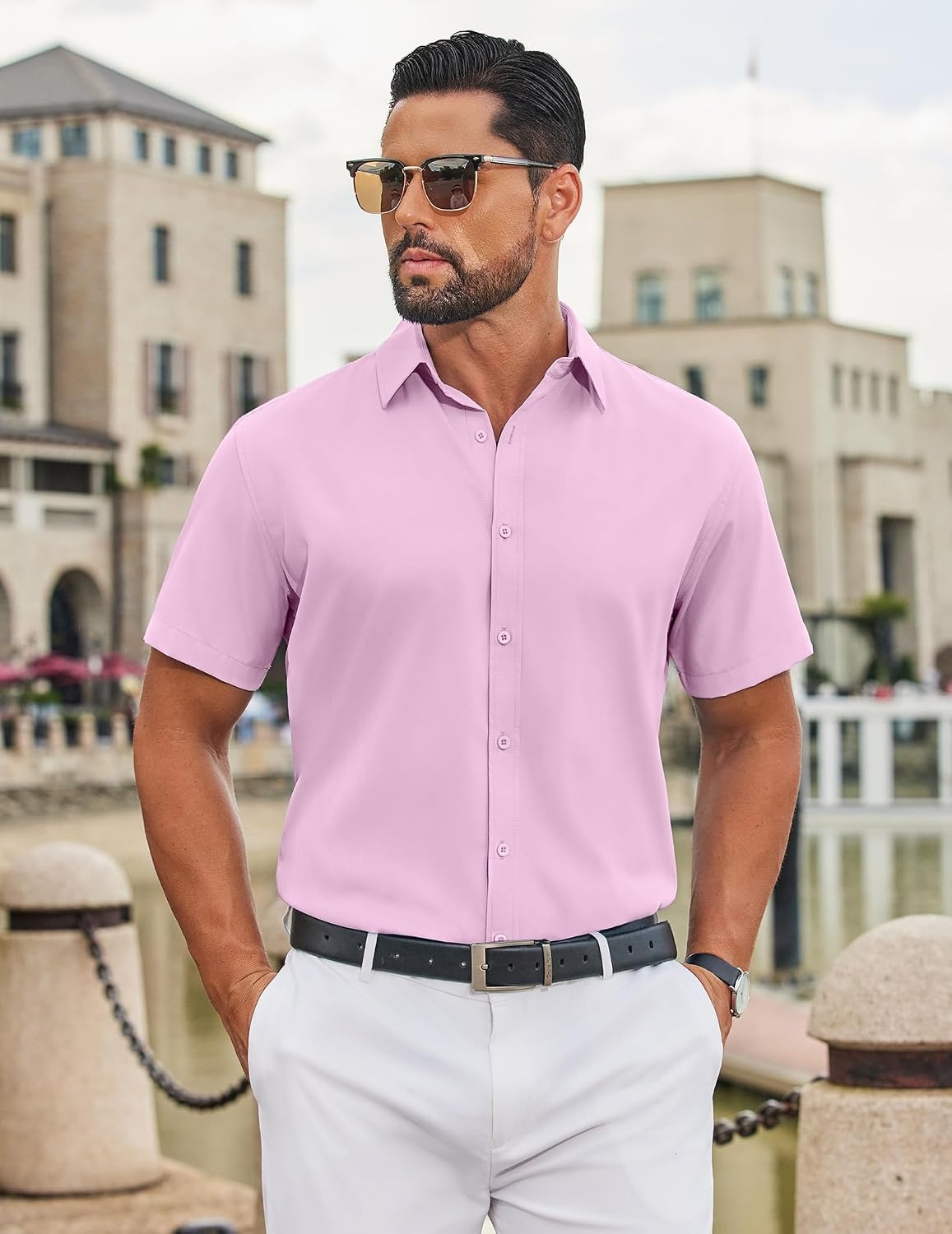 image:imageCOOFANDY Mens Button Down Shirts Short Sleeve Untucked Dress Shirt Wrinkle Free Stretch Casual Summer ShirtsPink