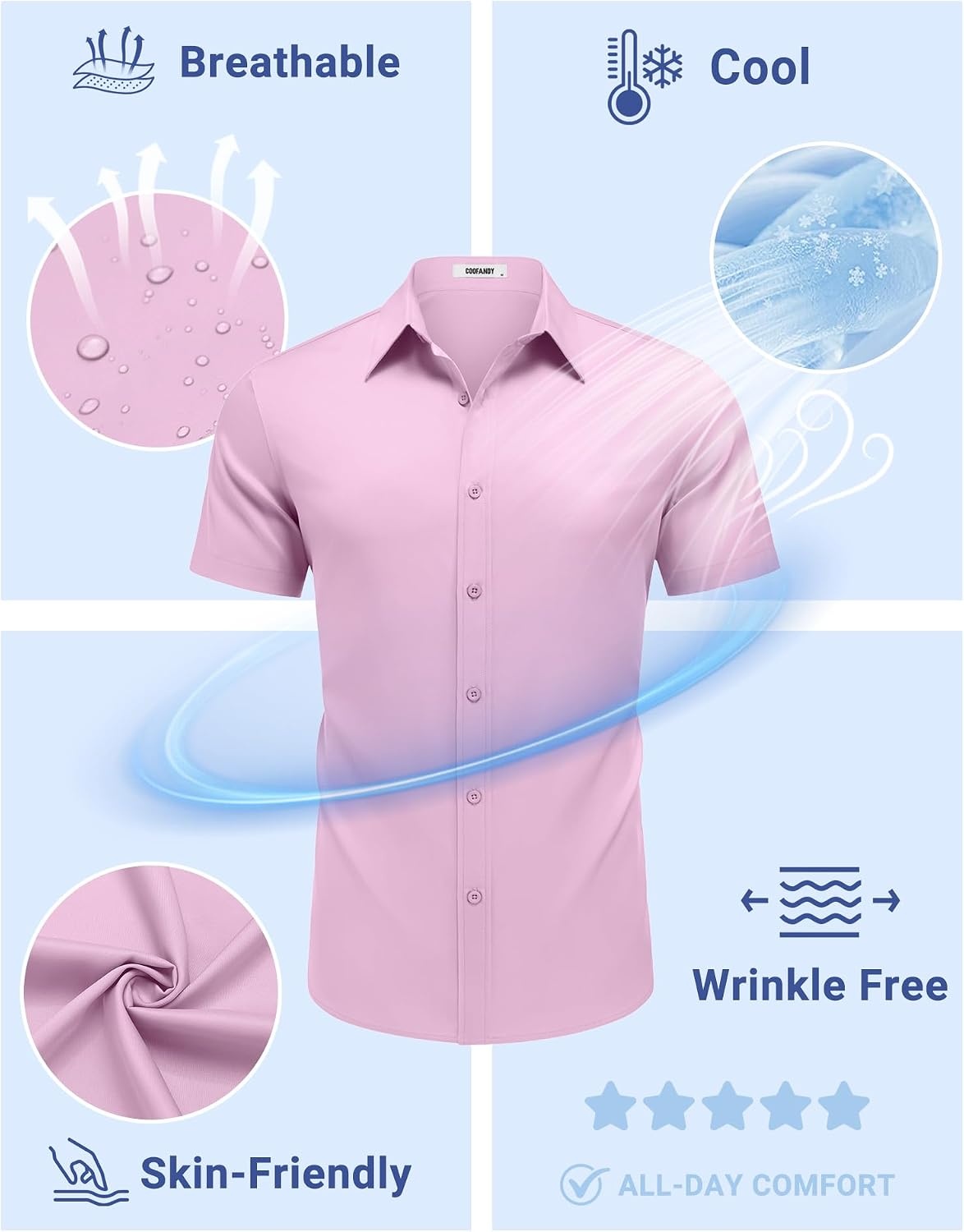 image:imageCOOFANDY Mens Button Down Shirts Short Sleeve Untucked Dress Shirt Wrinkle Free Stretch Casual Summer ShirtsPink