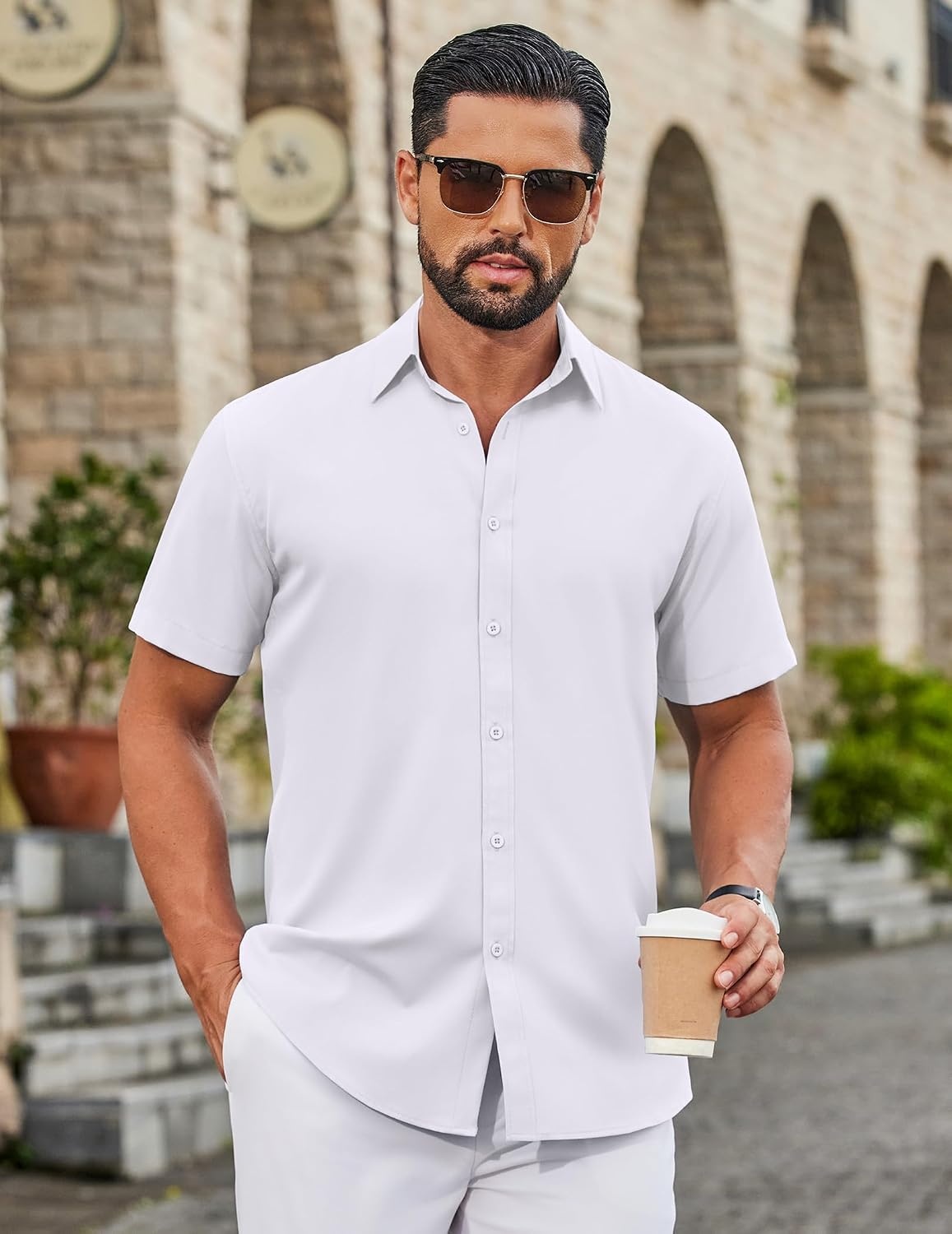 image:imageCOOFANDY Mens Button Down Shirts Short Sleeve Untucked Dress Shirt Wrinkle Free Stretch Casual Summer ShirtsWhite