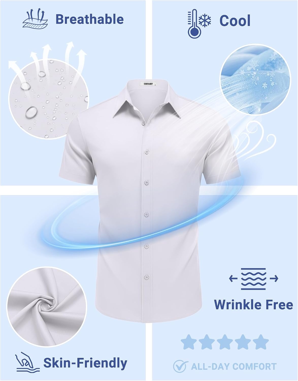 image:imageCOOFANDY Mens Button Down Shirts Short Sleeve Untucked Dress Shirt Wrinkle Free Stretch Casual Summer ShirtsWhite