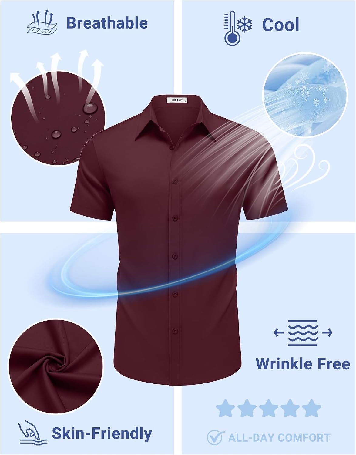 image:imageCOOFANDY Mens Button Down Shirts Short Sleeve Untucked Dress Shirt Wrinkle Free Stretch Casual Summer ShirtsWine Red