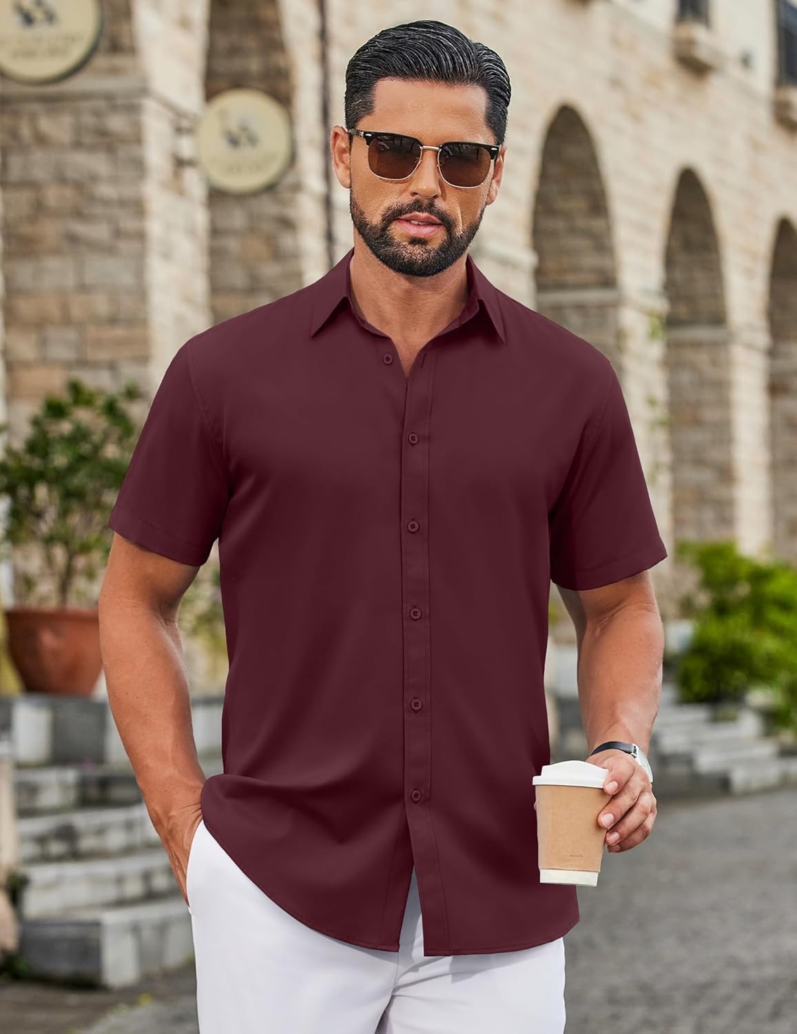 image:imageCOOFANDY Mens Button Down Shirts Short Sleeve Untucked Dress Shirt Wrinkle Free Stretch Casual Summer ShirtsWine Red